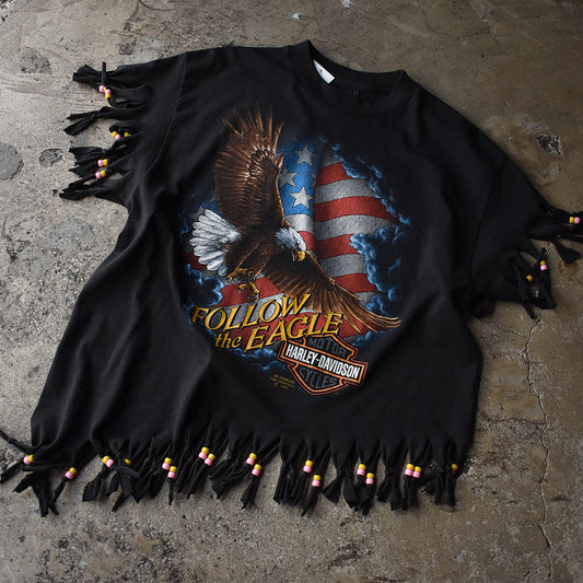 90's Harley-Davidson ビーズ付き フリンジカスタム! 3D EMBLEM バイク Tシャツ USA製 230710H