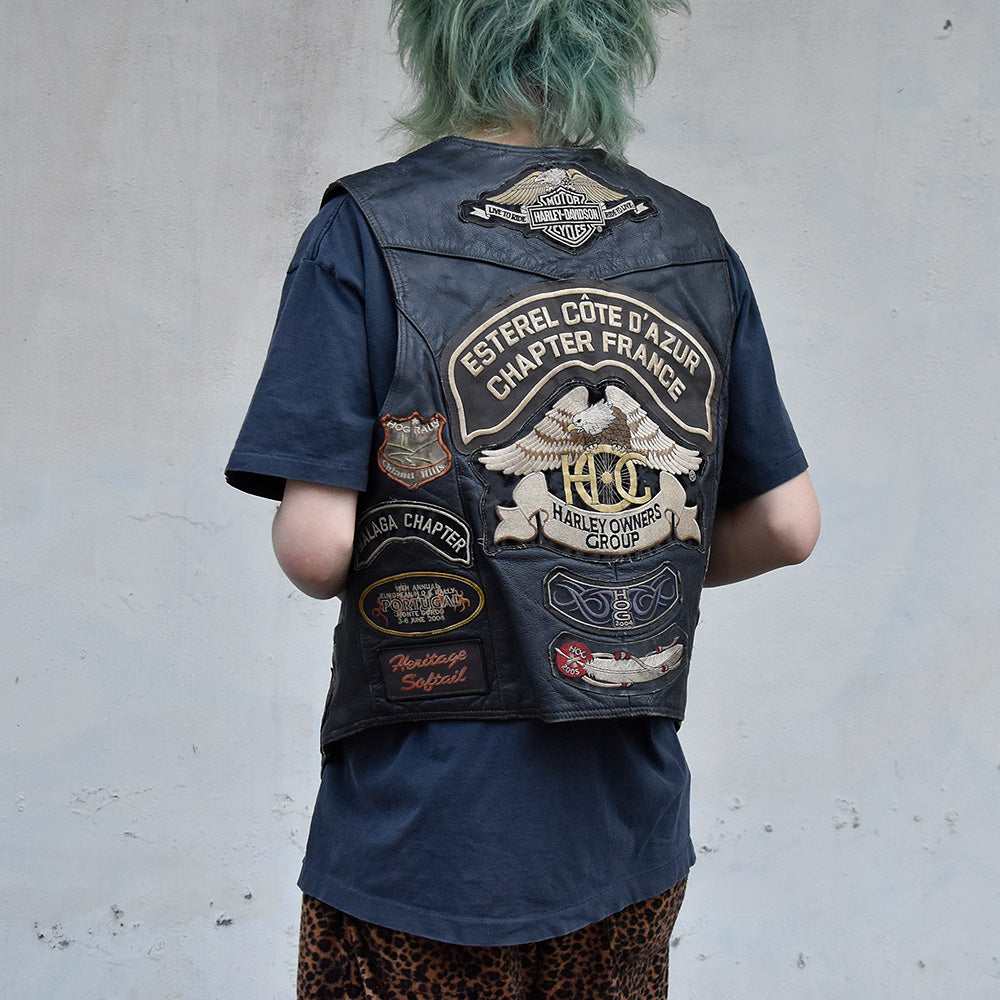 HARLEY-DAVIDSON 90's レザーベスト 90s HARLEY-DAVIDSON ハーレー ダビッドソン パッチ&HOGピンズ