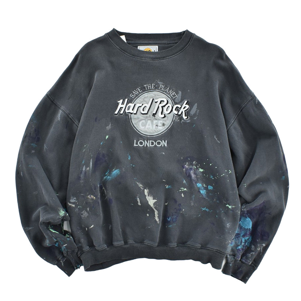 90’s Hard Rock Cafe ハードロックカフェ LONDON SAVE THE PLANET 刺繍ロゴ スウェット ペンキ サンフェード ボロ チャコール