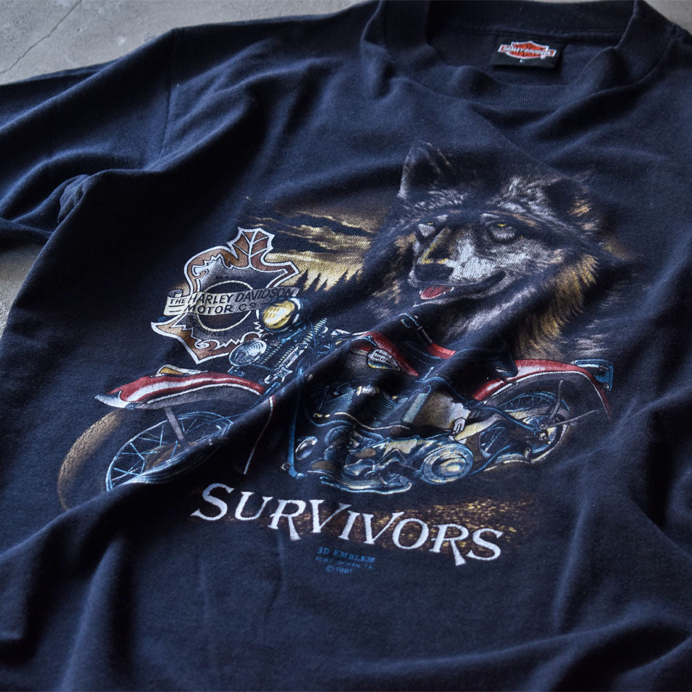 ハーレーダビッドソン SURVIVORS ウルフ 3Dエンブレム Tシャツ 1991年 USA製 ヴィンテージ