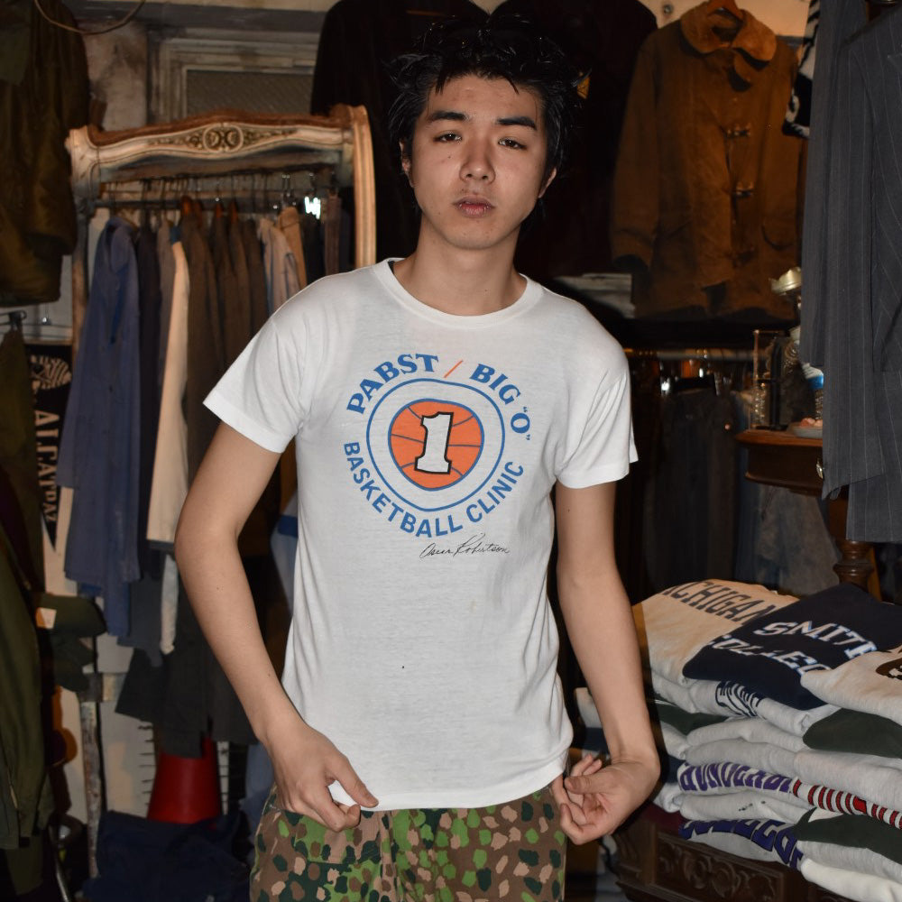 70’s Champion バータグ “PABST / BIG “O” Basketball Clinic” 染み込みプリント Tシャツ USA製 260512H