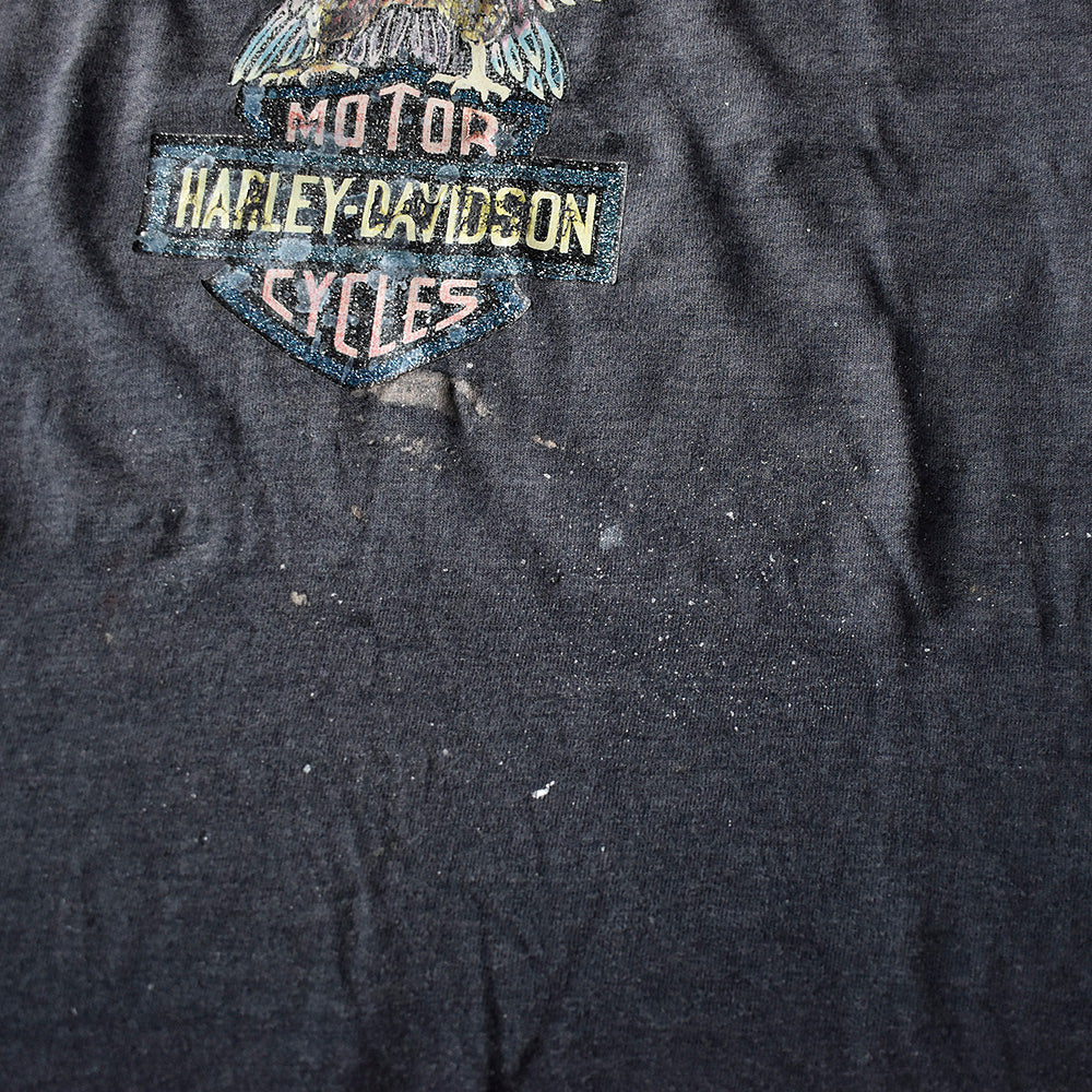 80's “Harley-Davidson“ イーグル×ロゴ アイロンプリント バイク Tシャツ 250806H