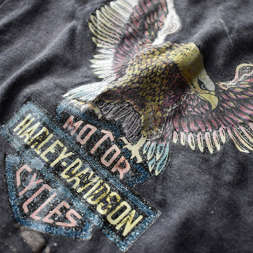 80's “Harley-Davidson“ イーグル×ロゴ アイロンプリント バイク Tシャツ 250806H