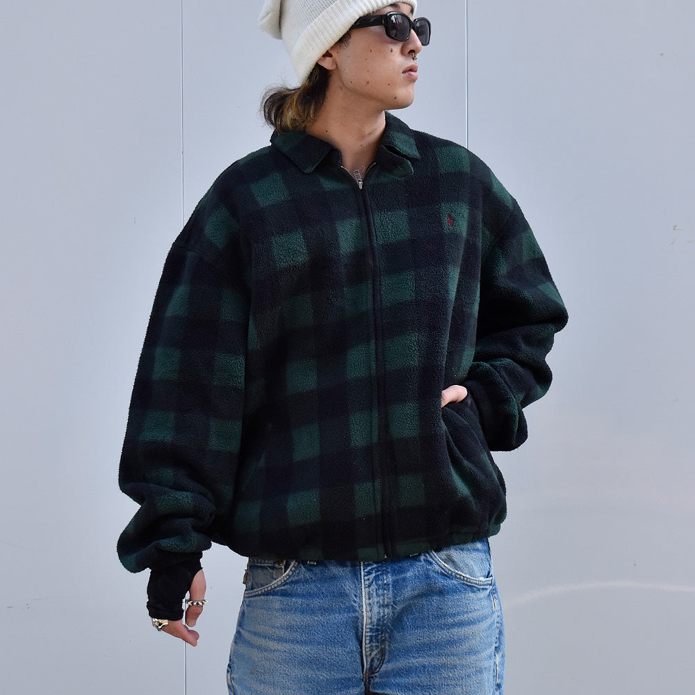 80's～ Polo Ralph Lauren ブロックチェック チンストラップ付き フリースジャケット USA製 231109H