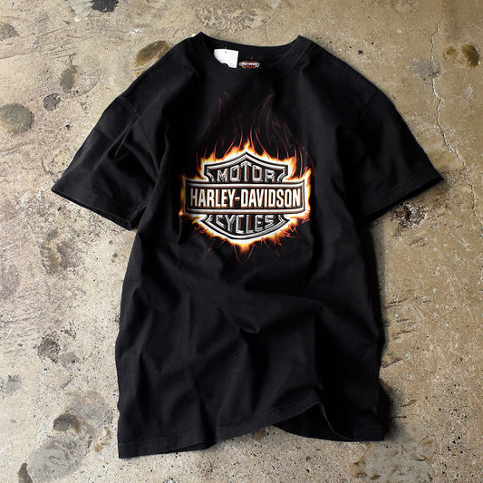Y2K Harley-Davidson トライバルファイヤー ロゴ バイク Tシャツ 250220H