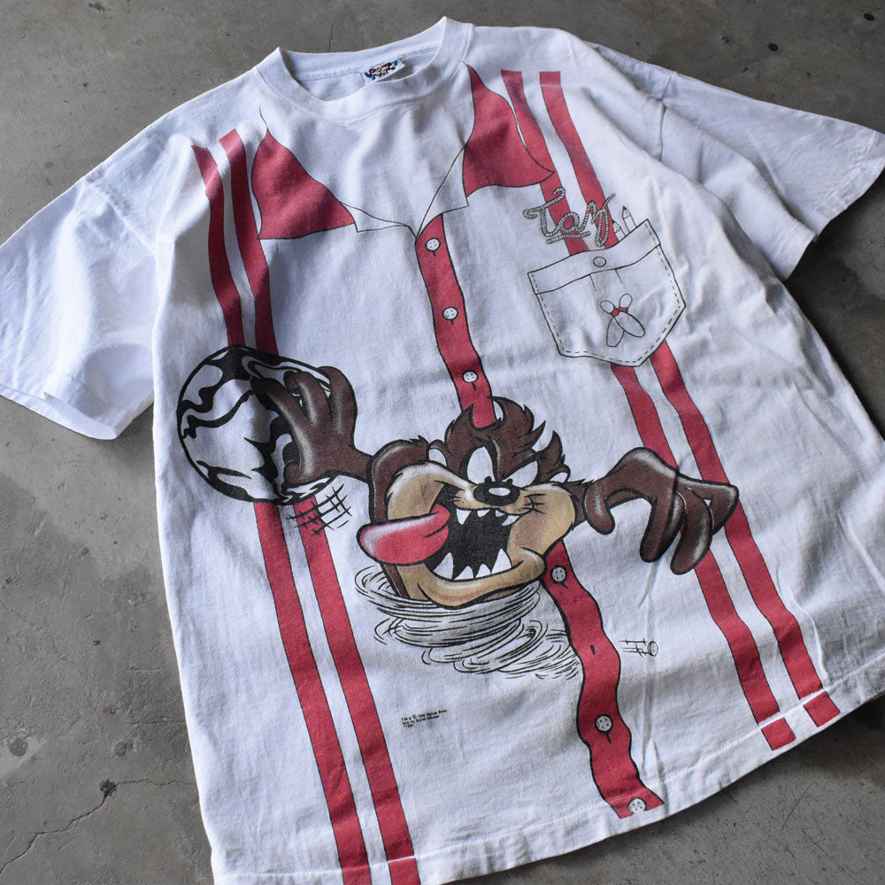 90's Looney Tunes ”TAZ BOWLING” トロンプルイユ キャラ Tシャツ 240801