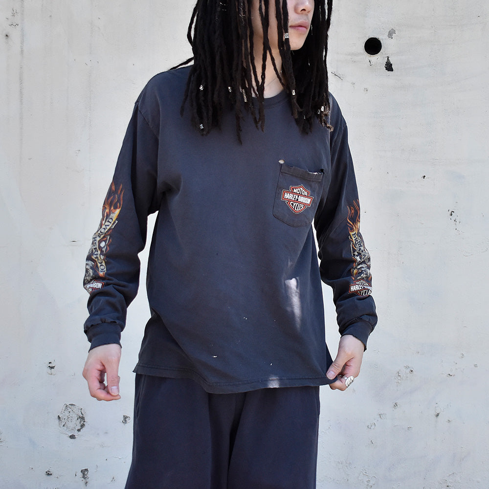 Y2K ダメージ！ Harley-Davidson イーグル ポケットロングスリーブTシャツ 240607H