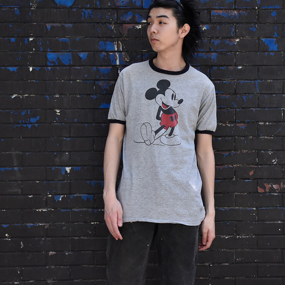 70's-80's Disney “Mickey“ 霜降りグレー リンガーTシャツ 250421H