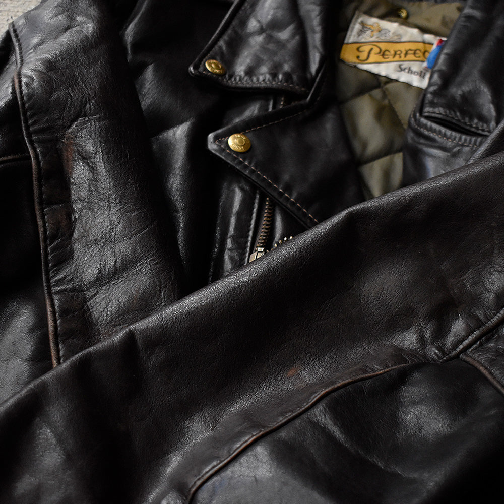 90's Schott ブラウン×ゴールドボタン！ レザー ライダースジャケット USA製　230925H