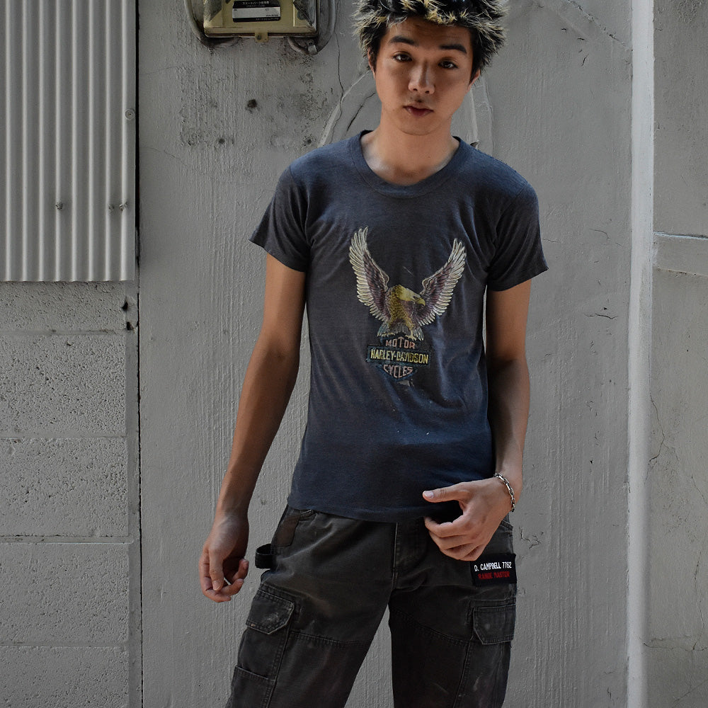 80's “Harley-Davidson“ イーグル×ロゴ アイロンプリント バイク Tシャツ 250806H
