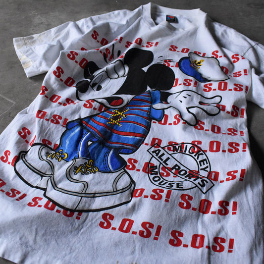 90’s Disney “MICKEY / S.O.S!” 大判プリント Tシャツ USA製 240405