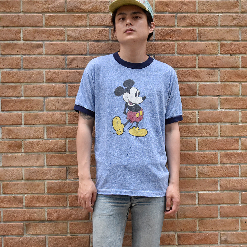 80's Disney “Mickey“ 霜降りブルー リンガーTシャツ USA製 250626H