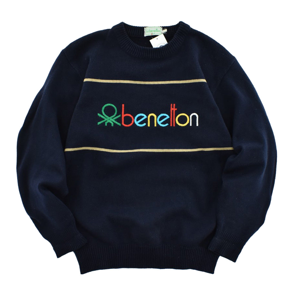 80’s-90’s benetton ロゴ刺繍 ニット セーター ネイビー マルチカラーロゴ