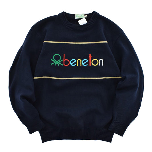 80’s-90’s benetton ロゴ刺繍 ニット セーター ネイビー マルチカラーロゴ