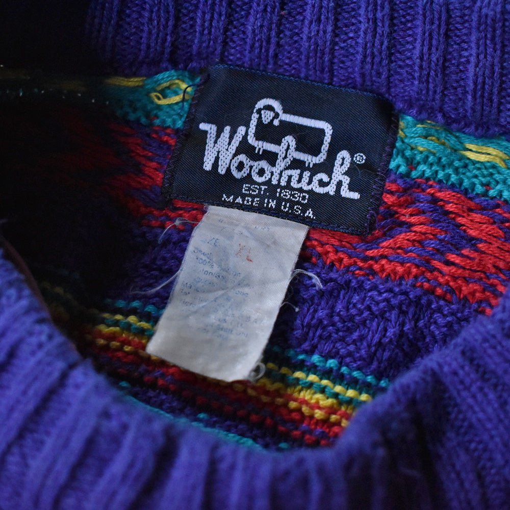 80's Woolrich 総柄 ボーダー コットンニット セーター USA製 240122