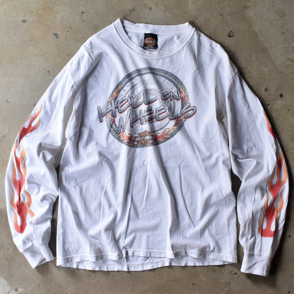 Y2K Harley-Davidson “HELL ON WHEELS” ファイヤーパターン ロングスリーブ Tシャツ USA製 240520
