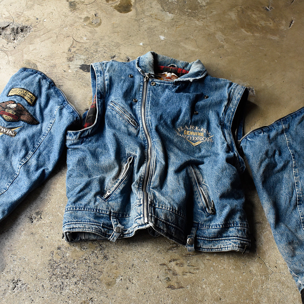 80's～ Harley Davidson 2Way type！ デニム ライダースジャケット チェックライナー 241008H