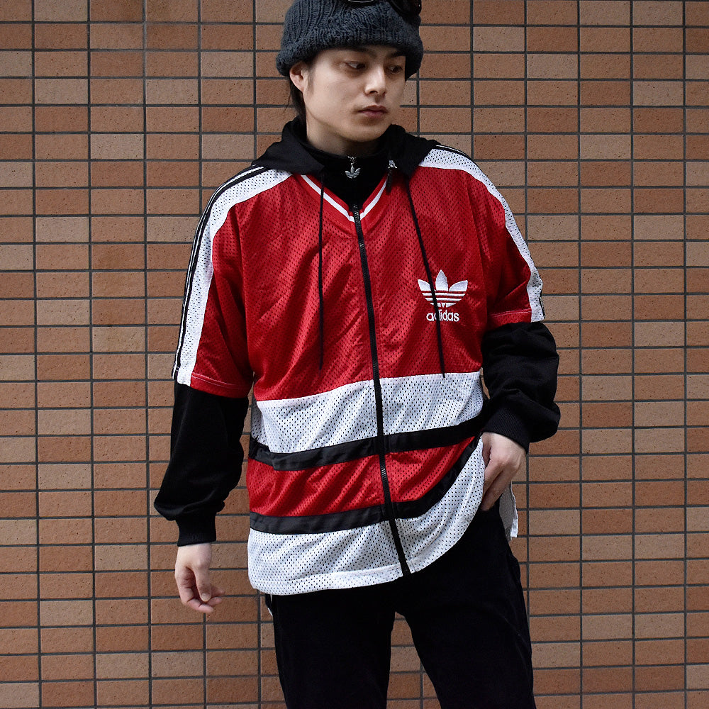 90's adidas レイヤードタイプ フード付き メッシュ切り替えジャケット 240325H