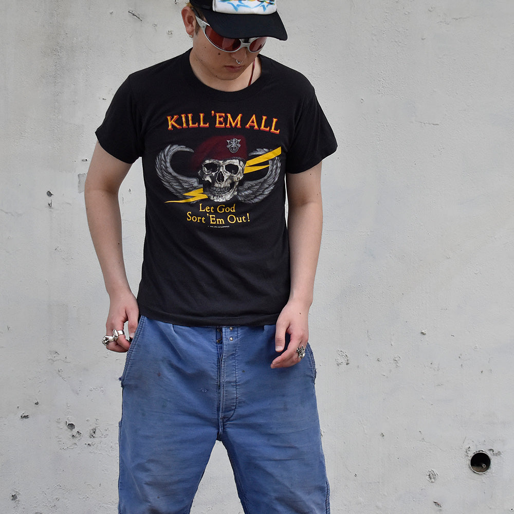 80's “KILL'EM ALL Let God Sort 'Em Out！” エアボーン スカルウィング Tシャツ USA製 250609H