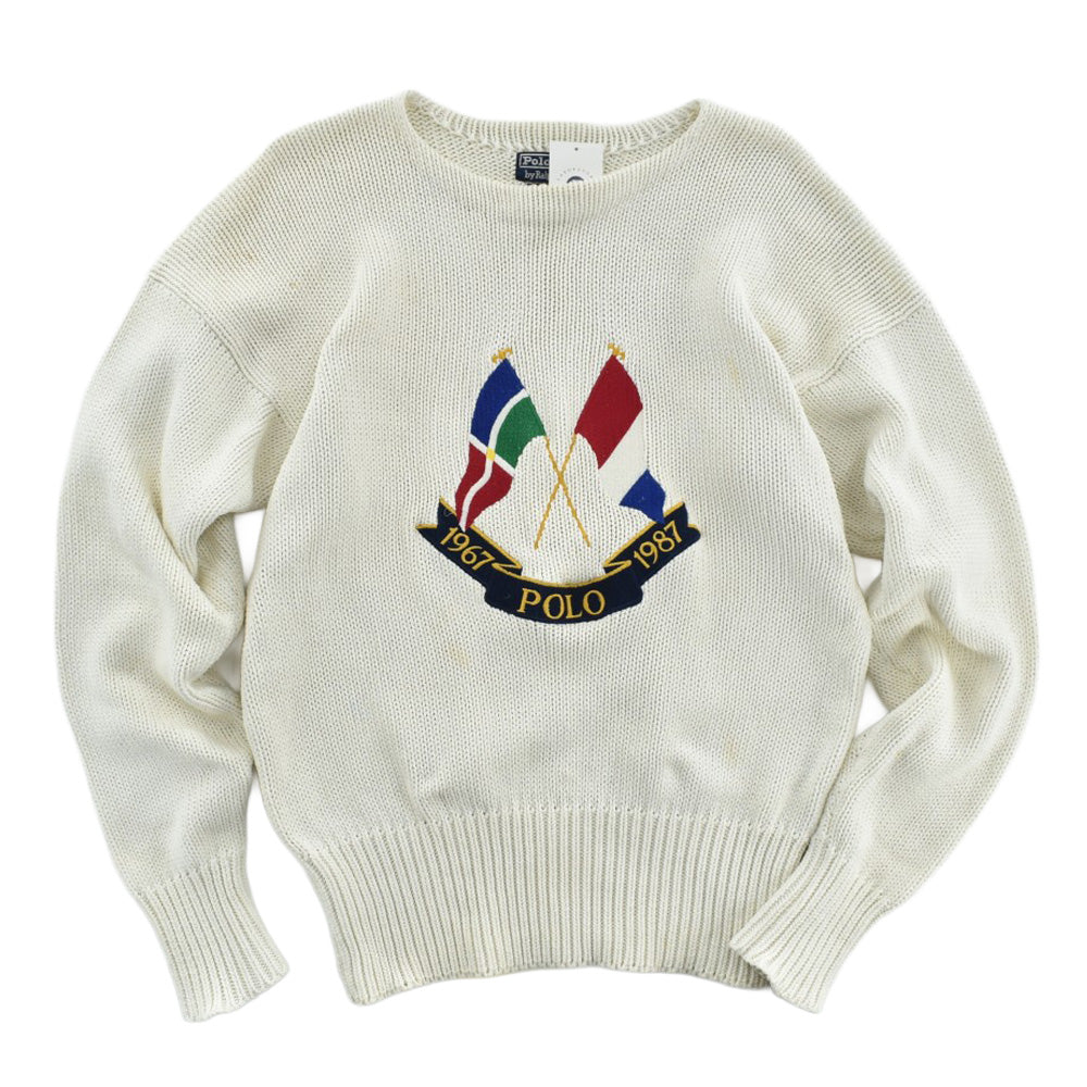 80’s Polo by Ralph Lauren ポロ ラルフローレン クロスフラッグ 1967-1987 20周年 コットンニット セーター 生成り 刺繍