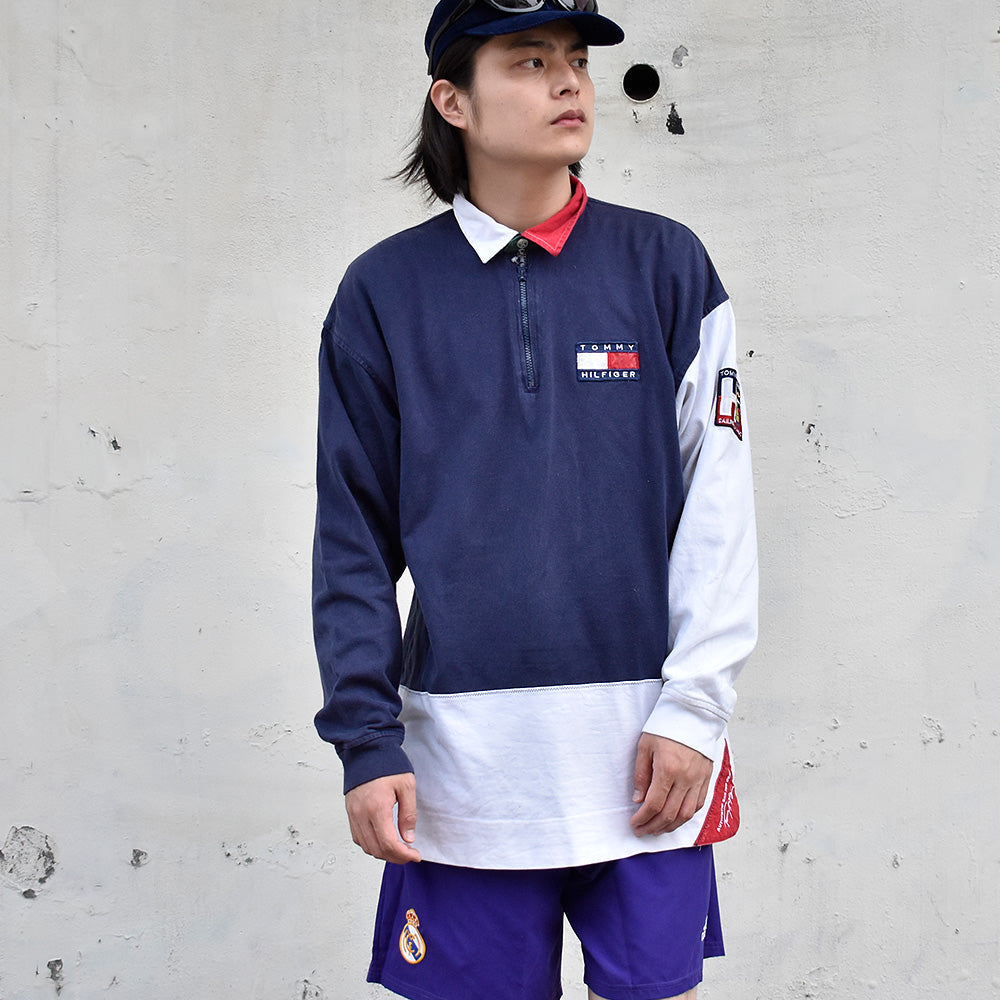 90's TOMMY HILFIGER “SALING GEAR” チンスト付き ハーフジップ ラガーシャツ 240526H