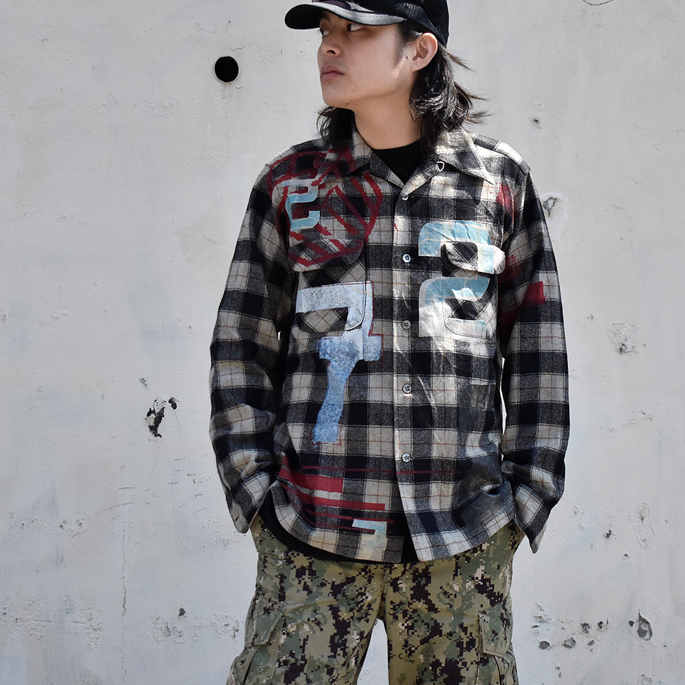 70's ペイント！ Pendleton 白×黒 チェック柄 ウール シャツ USA製 240319H