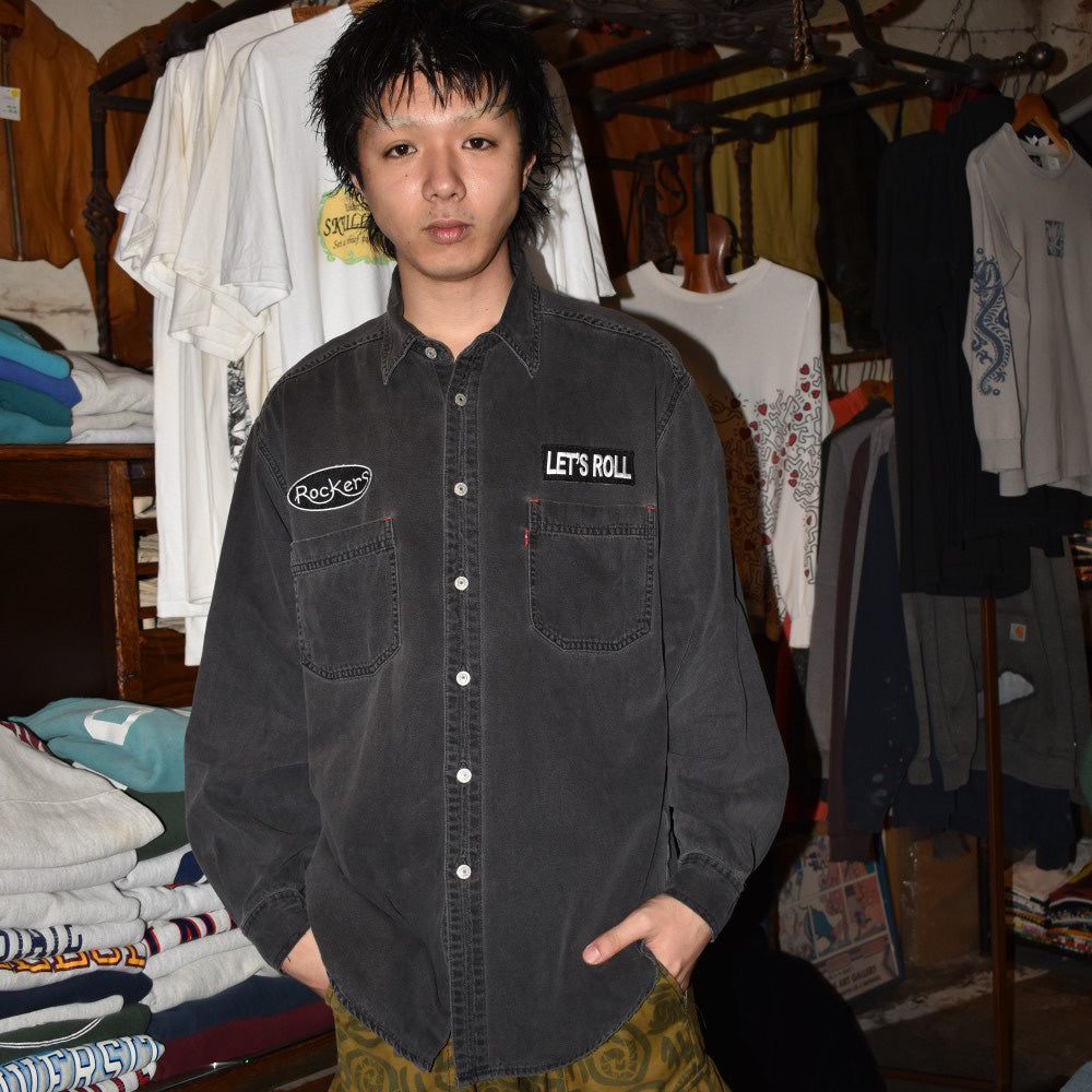 90's Levi's RED TAB "Rockers / LET'S ROLL" ワッペン ブラックデニムシャツ 260630H