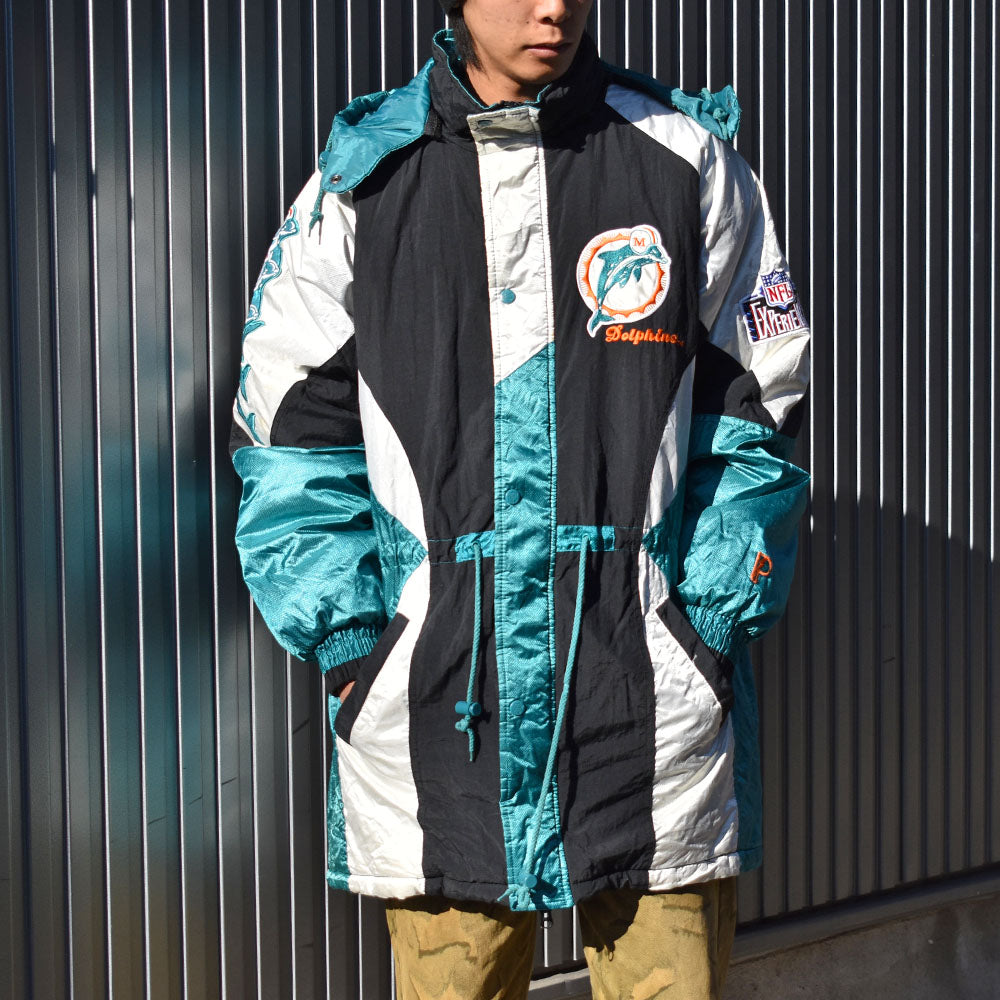 90’s PRO PLAYER “NFL Miami Dolphins” 中綿入り フード付き ナイロンジャケット 240214