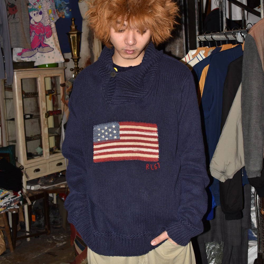 90's Polo by Ralph Lauren 星条旗 ショールカラー ニット セーター 260113H