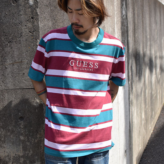 GUESS/ゲス ロゴ刺繍 マルチボーダー Tシャツ 230428