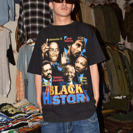 90's "BLACK HISTORY" Malcolm X Bob Marley フォトT 260721H