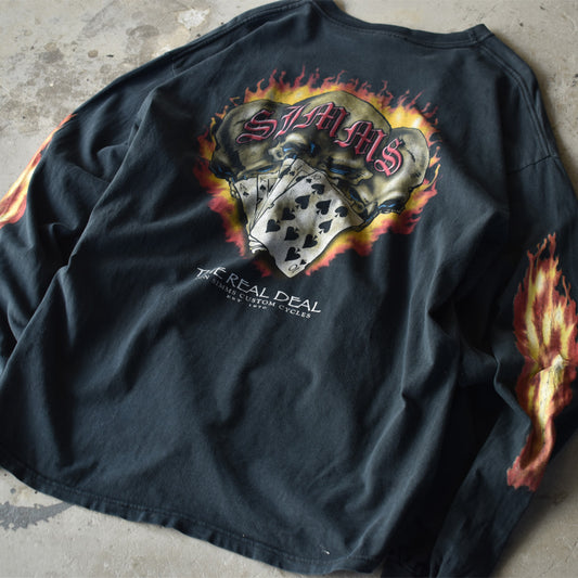 Y2K ”RON SIMMS CUSTOM  CYCLES” 袖プリ ファイヤーパターン！L/S Tシャツ 220801