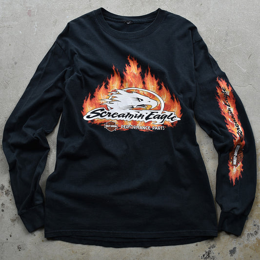 Y2K Harley-Davidson "Screamin Eagle” ファイヤープリント バイク 長袖 Tシャツ USA製 220713H