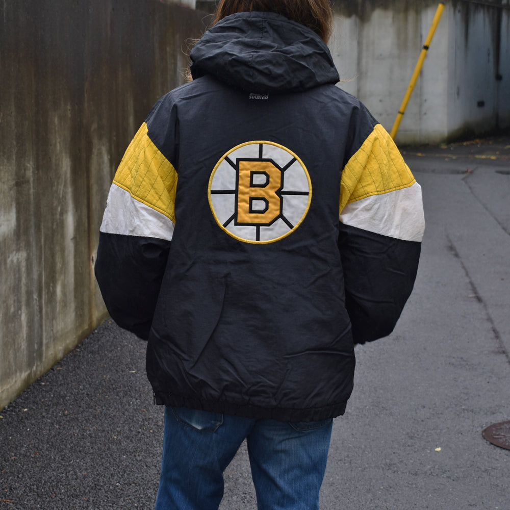 90's　STARTER/スターター "NHL Boston Bruins/ボストン・ブルーインズ" 中綿入り フード ナイロンプルオーバー　221208