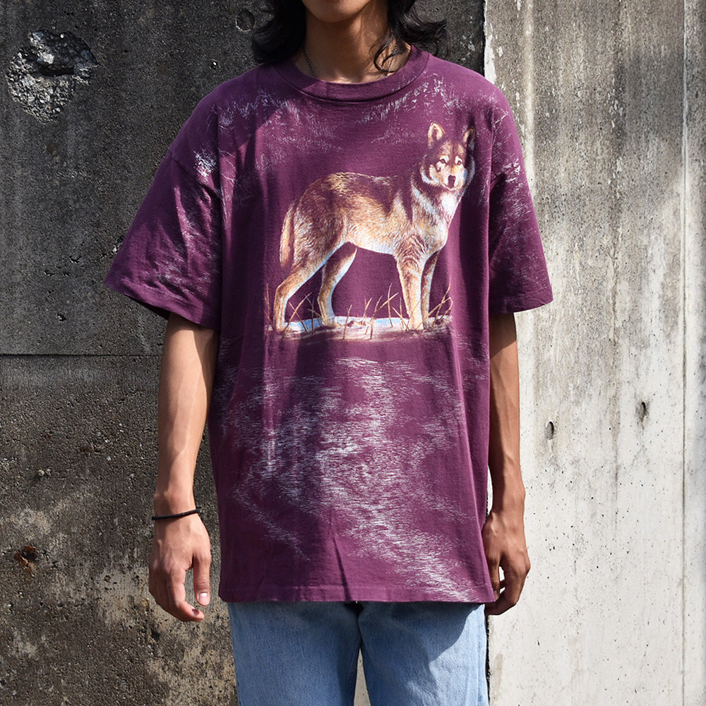 90's　3D EMBLEM “wolf” オオカミ アニマルプリント AOP Tシャツ　USA製　230423